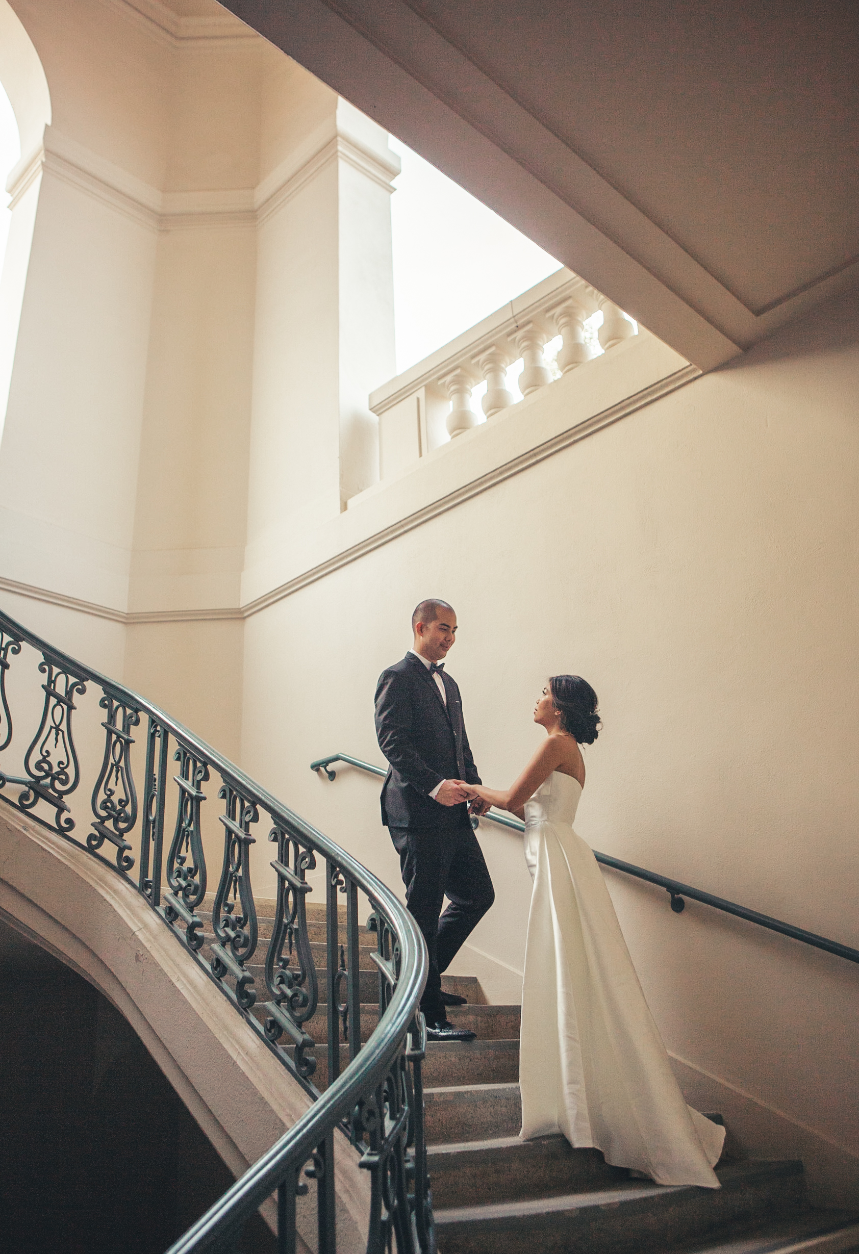 Engagement couple on Pasadena City Hall staircase