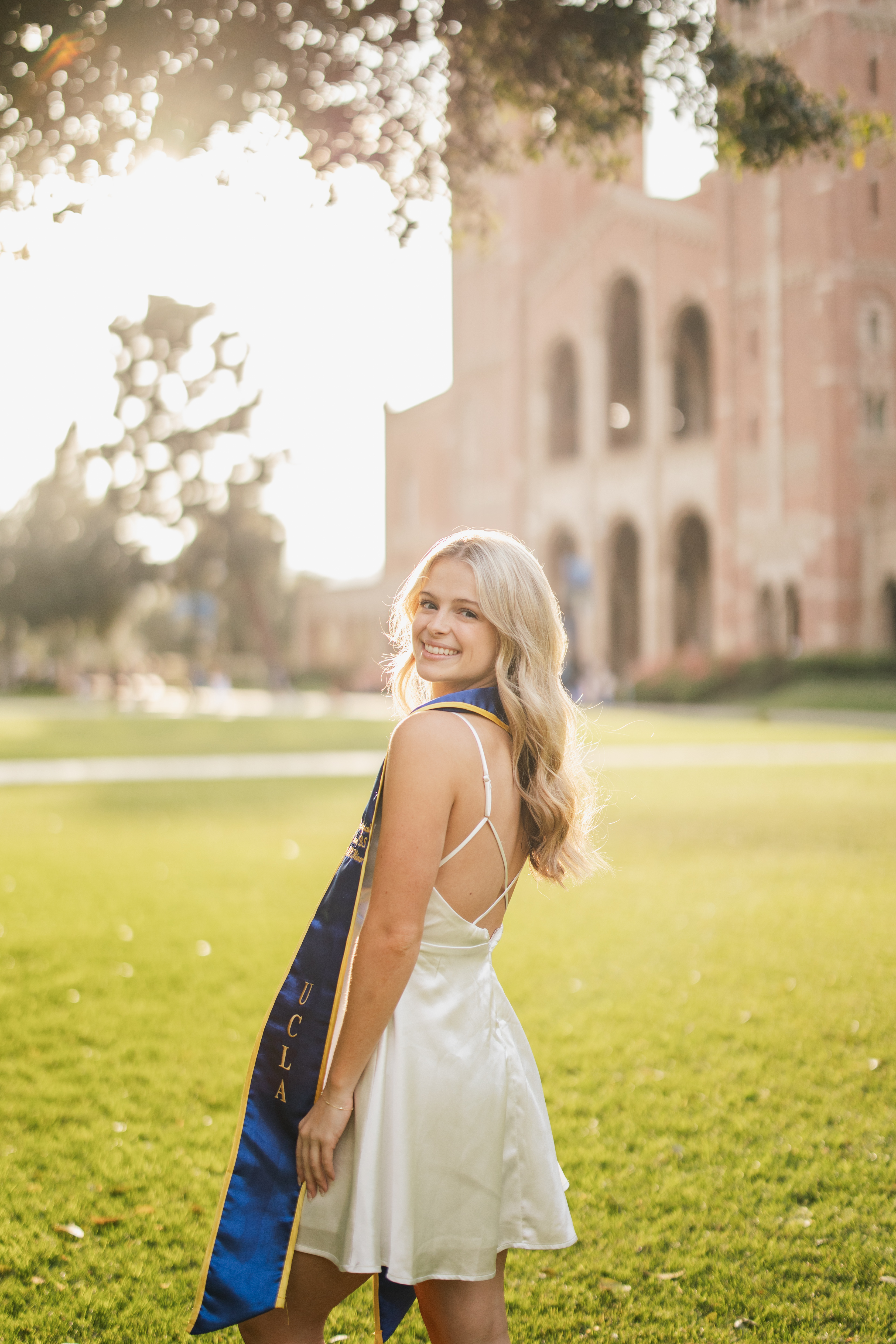 UCLA graduation portrait of a senior woman at Royce Hall